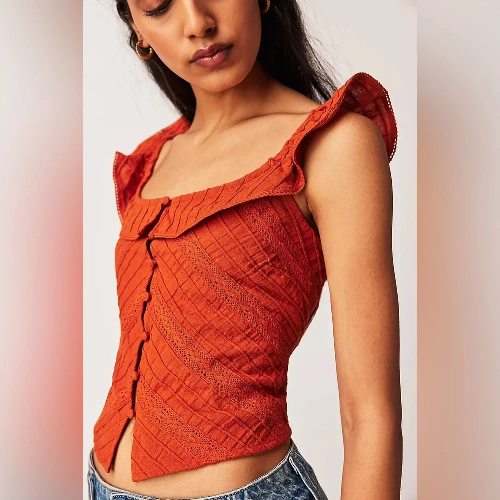 Free People Riviera Lace Inset Tank Top in Burnt Sienna Orange size X-Small - Picture 2 of 10